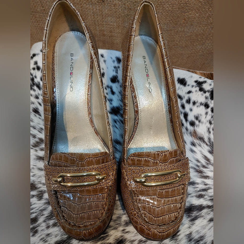 Bandolino Faux Snakeskin Tan/Brown Chunky Heeled Loafer Pumps Round Toe Size 8.5